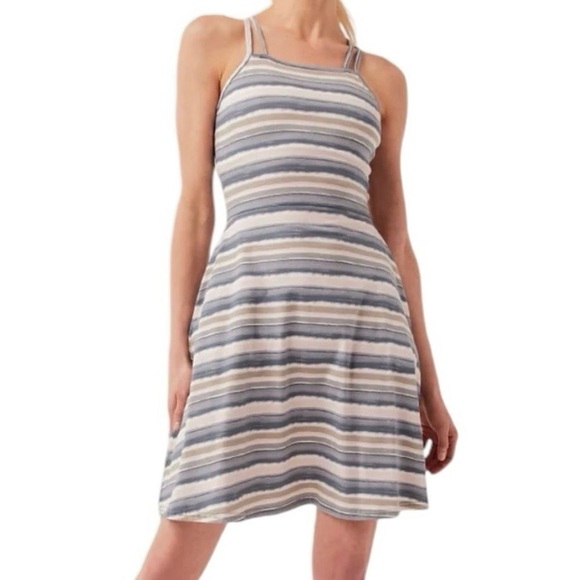 Pact Swell Organic Cotton Fit & Flare Striped Strapped Dress Size Medium - Picture 1 of 7